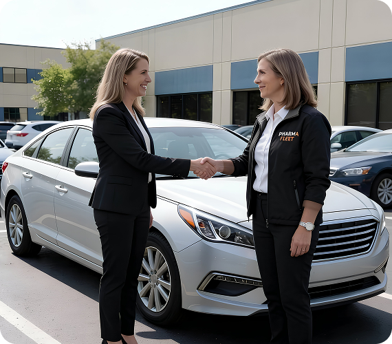 women shaking hands in front of a car in a parking lot