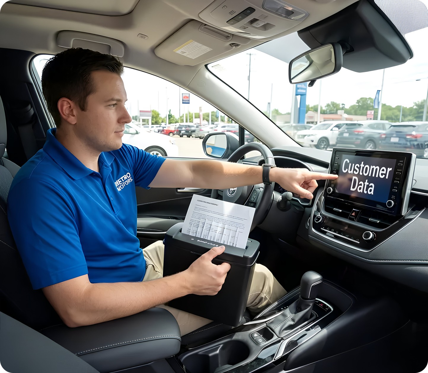 man with a paper shredder sitting in a car indicating data deletion from the car's infotainment system
