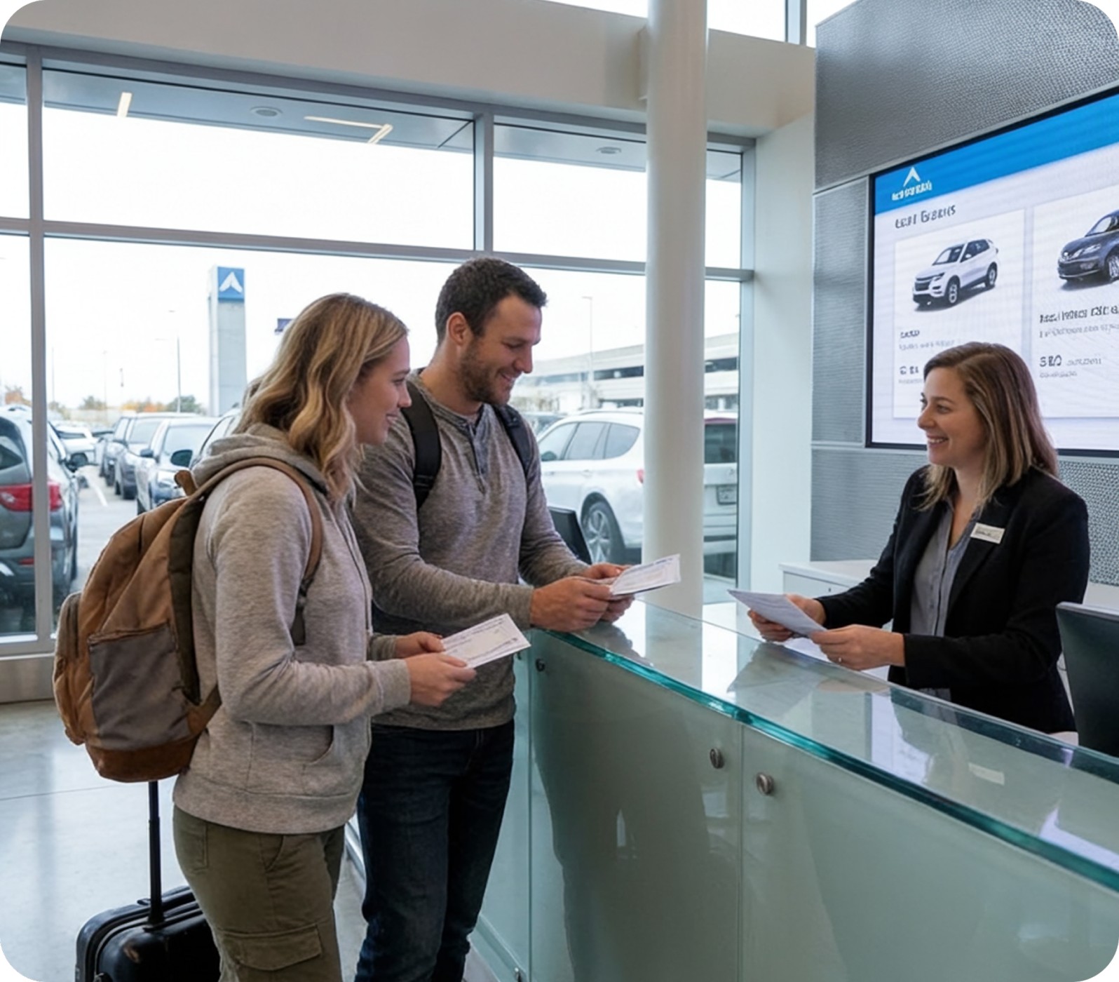 couple at a car rental check in