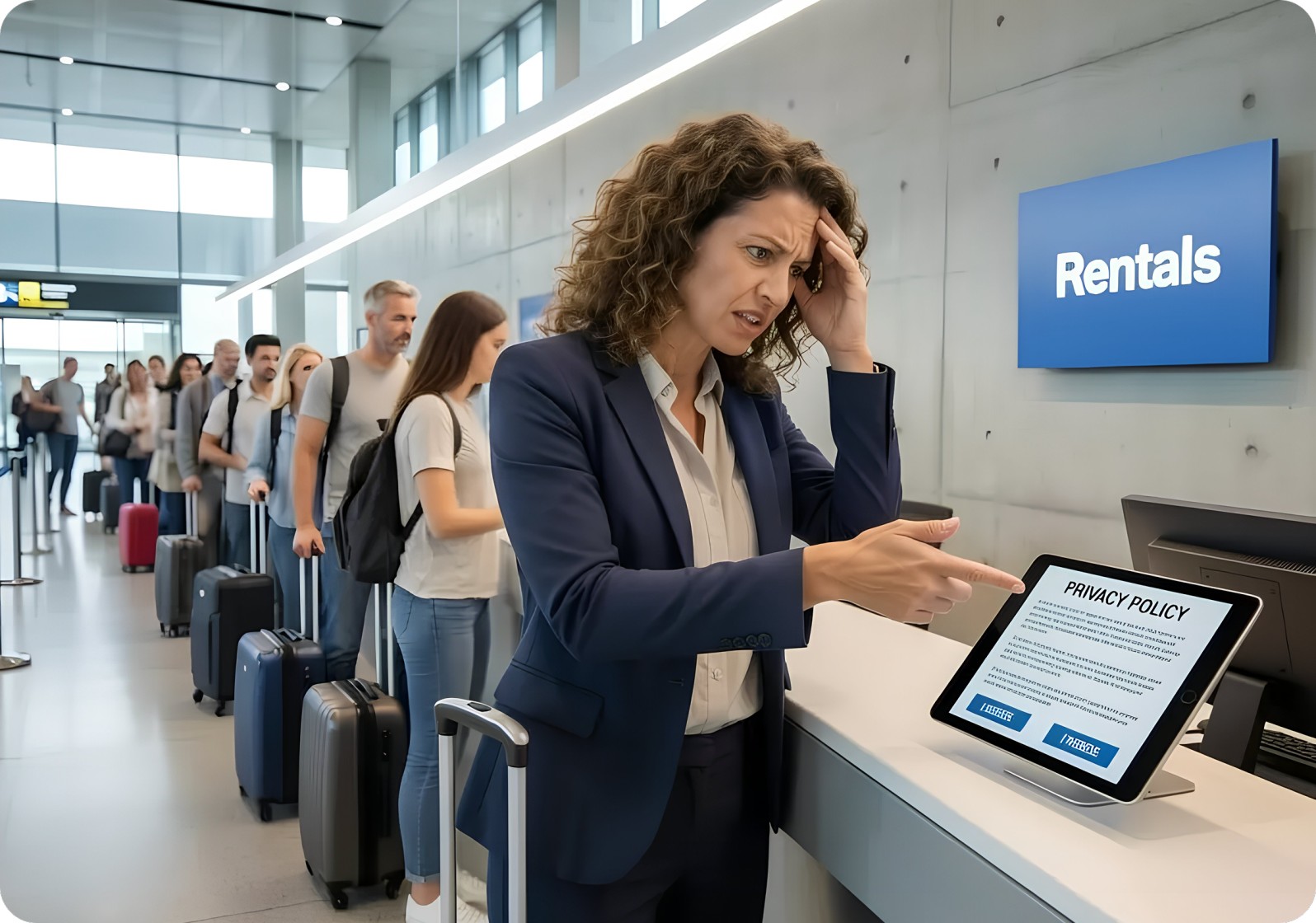 frustrated woman at a car rental check-in